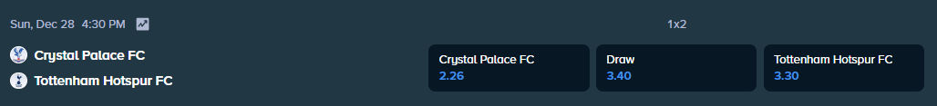 winning odds from stake.com for the premier league match between crystal palace and tottenham hotspur